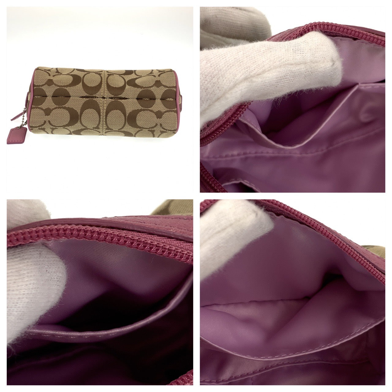 COACH コーチ シグネチャー ベージュ ピンク シルバー金具 キャンバス / レザー ポーチ アクセサリーポーチ  レディース