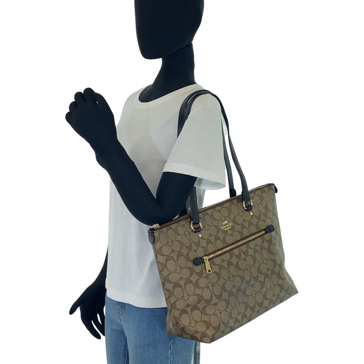 COACH コーチ シグネチャー ベージュ ブラウン ゴールド金具 キャンバス / レザー トートバッグ ショルダーバッグ  レディース
