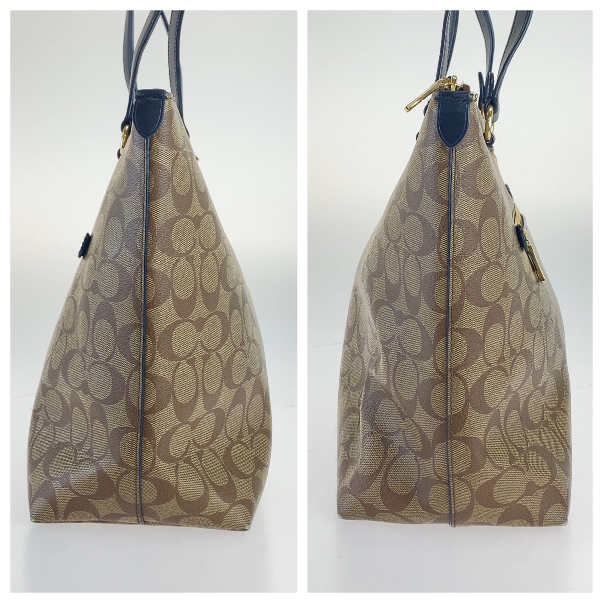 COACH コーチ シグネチャー ベージュ ブラウン ゴールド金具 キャンバス / レザー トートバッグ ショルダーバッグ  レディース