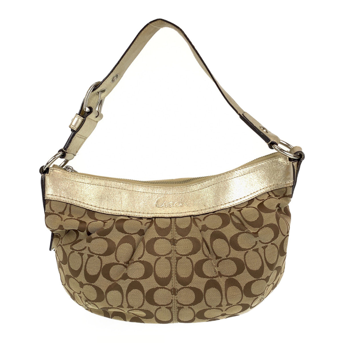 12702
COACH コーチ シグネチャー ベージュ ゴールド シルバー金具 キャンバス / レザー ホーボー ショルダーバッグ  レディース