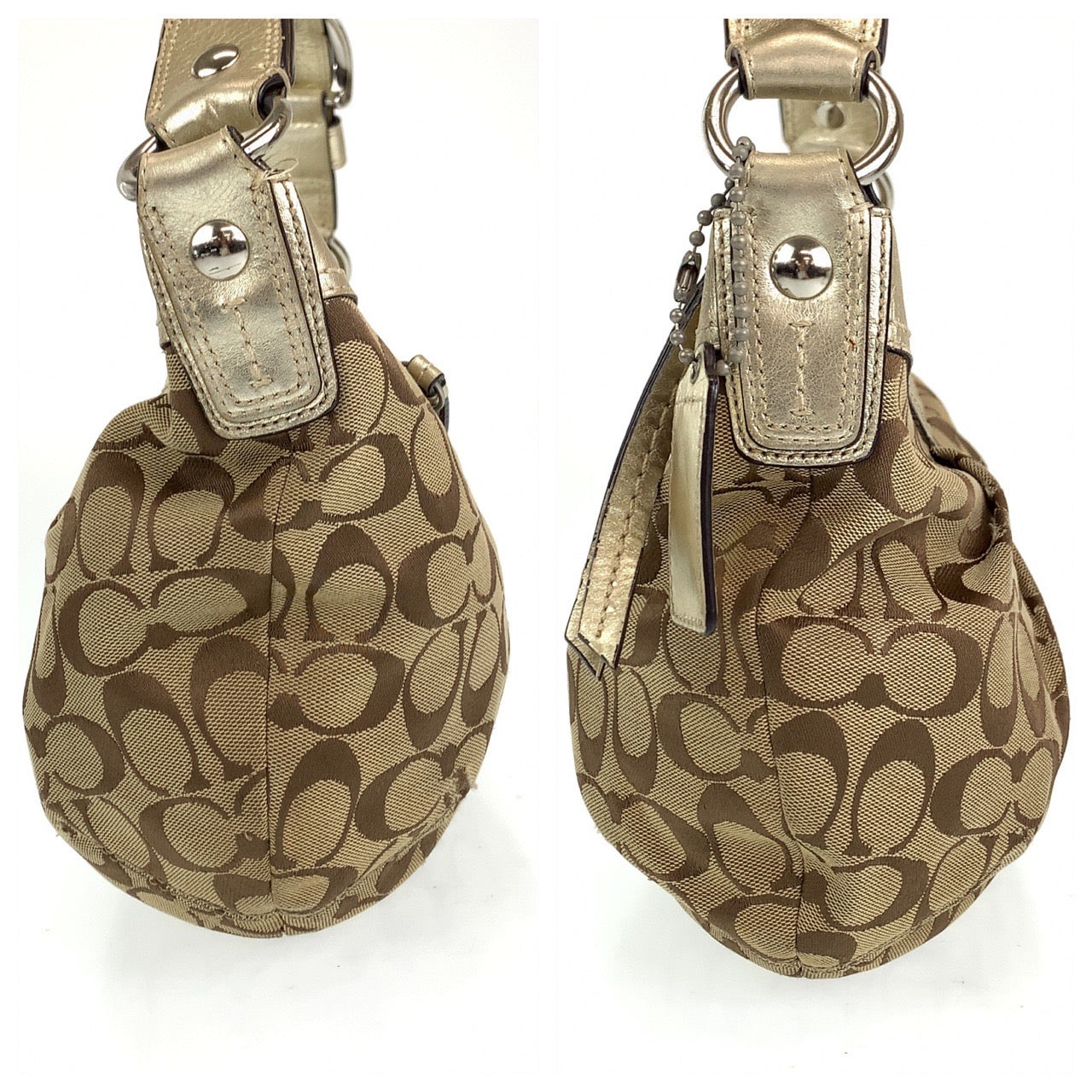 12702
COACH コーチ シグネチャー ベージュ ゴールド シルバー金具 キャンバス / レザー ホーボー ショルダーバッグ  レディース