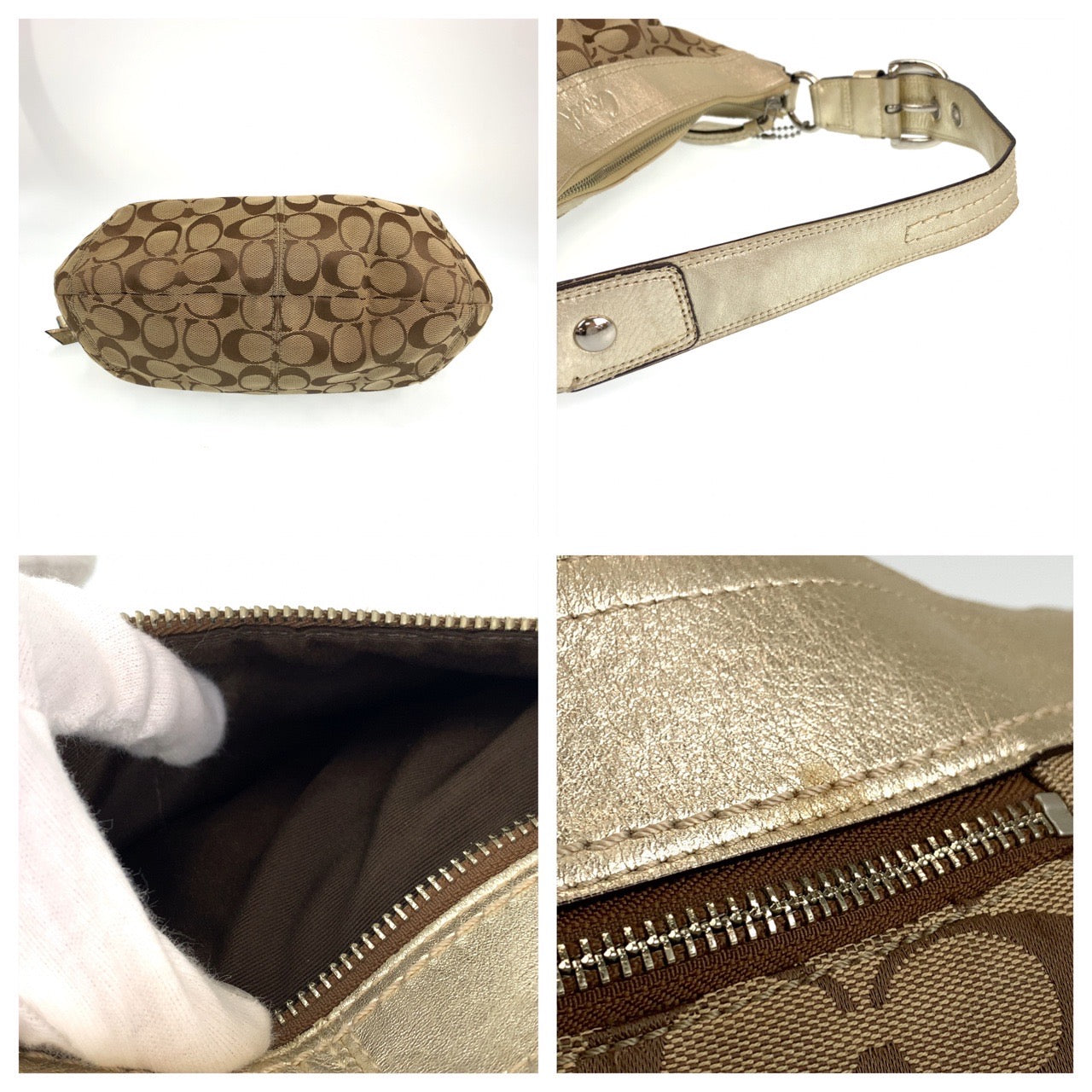 12702
COACH コーチ シグネチャー ベージュ ゴールド シルバー金具 キャンバス / レザー ホーボー ショルダーバッグ  レディース