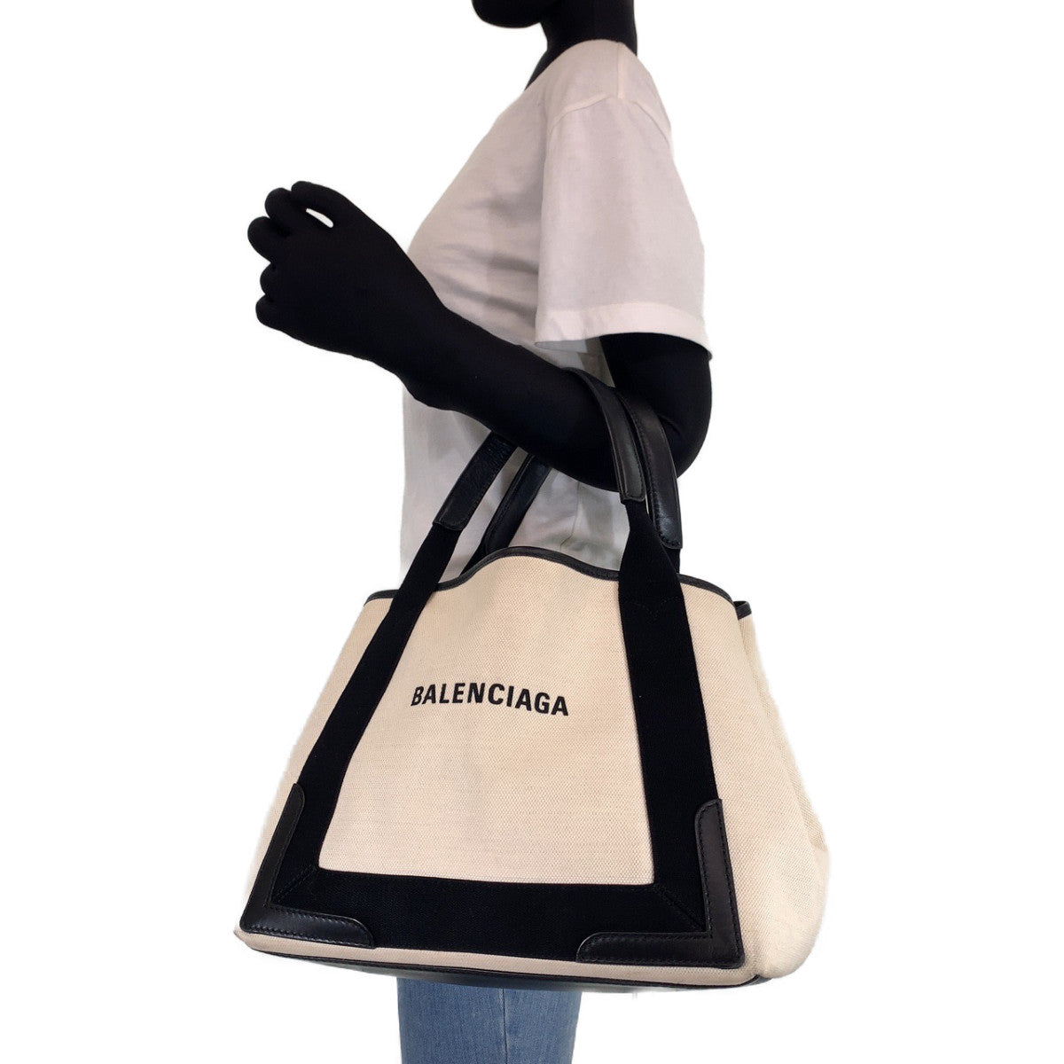 C-108
BALENCIAGA バレンシアガ ネイビーカバS ホワイト 白 アイボリー キャンバス トートバッグ ハンドバッグ  レディース