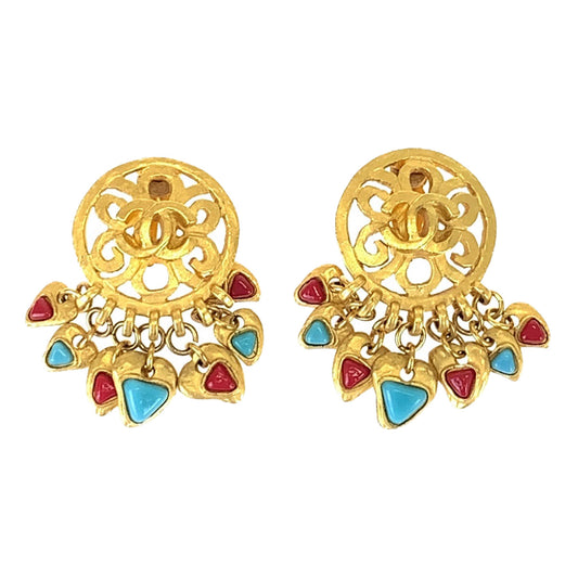 10041
 CHANEL Vintage Coco Mark Stone Gold Red Blue Plated Earrings Swing Earrings for Women