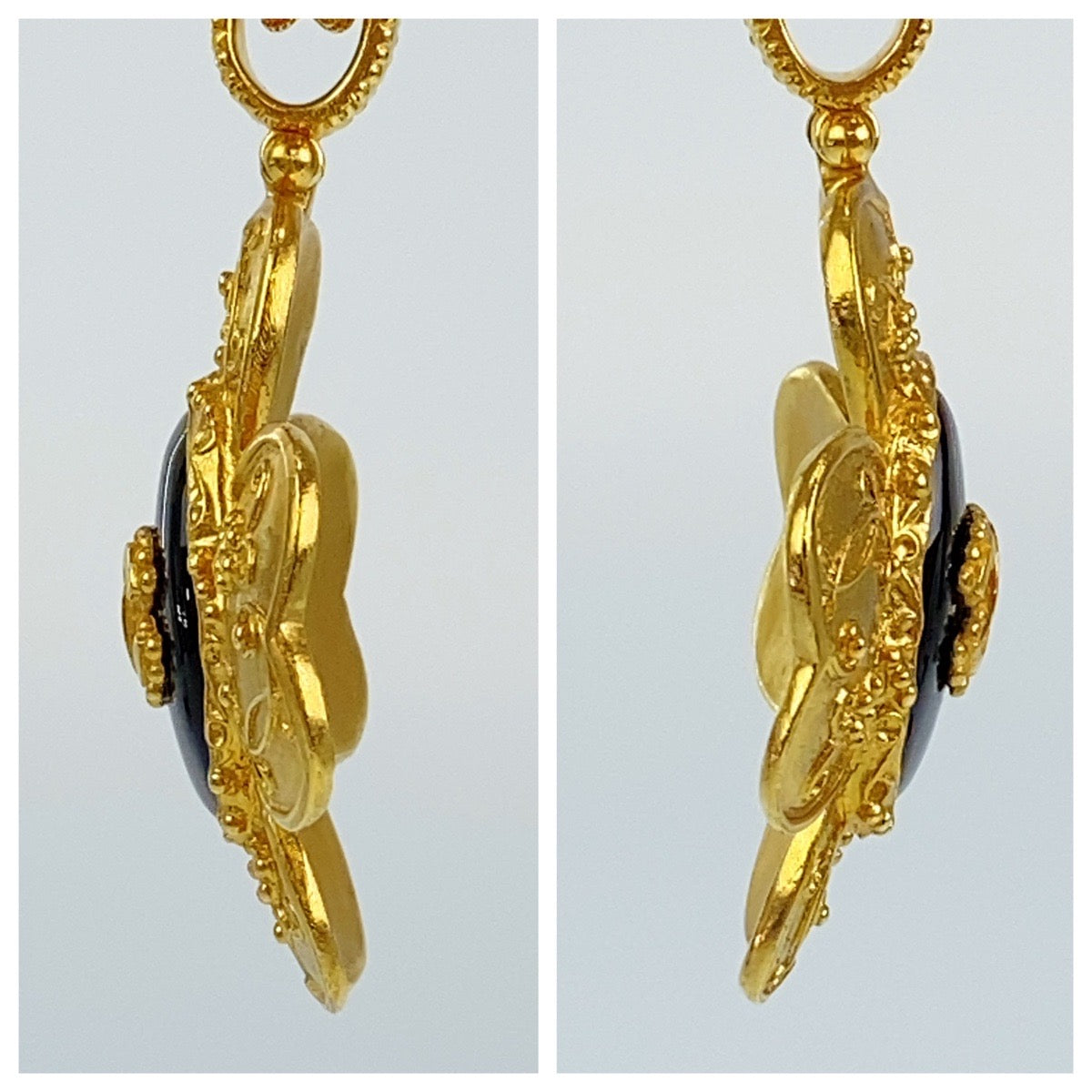 10043
CHANEL シャネル ヴィンテージ グリポア 天然石 ココマーク フラワー ゴールド ブラック メッキ ネックレス ペンダント  レディース A200