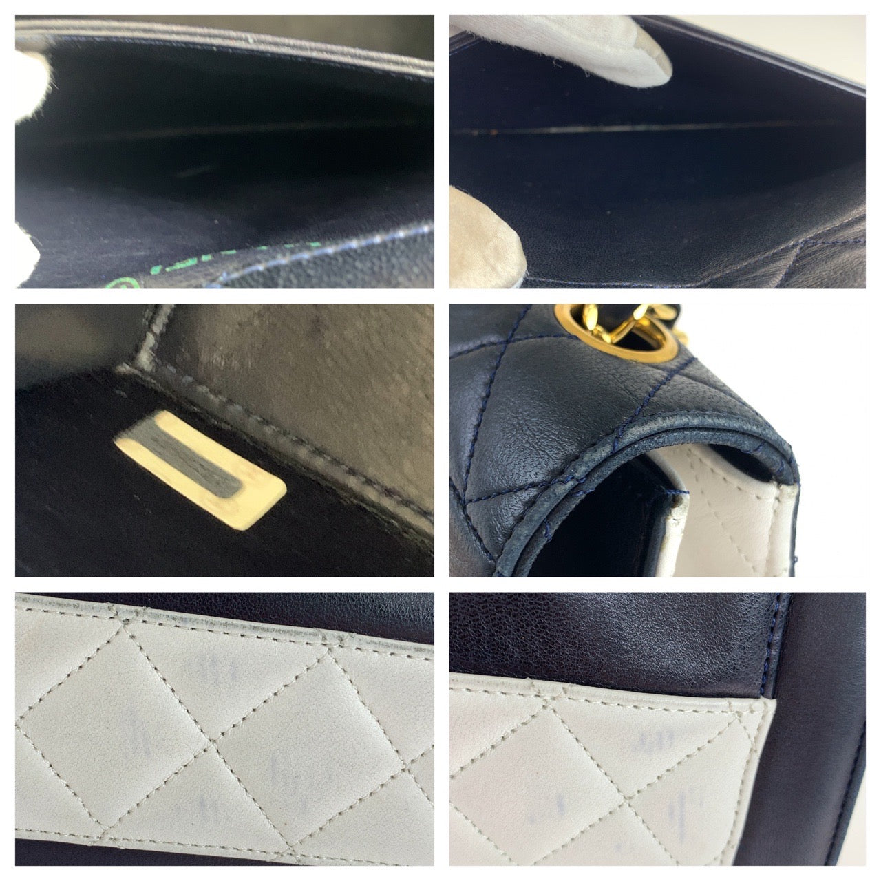 11835
CHANEL シャネル ヴィンテージ 2.55 マトラッセ ターンロック ネイビー ホワイト バイカラー ラムスキン 台形 チェーンショルダーバッグ  レディース
