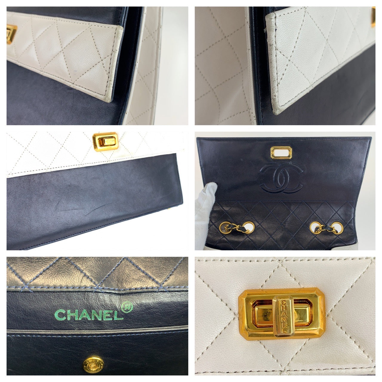 11835
CHANEL シャネル ヴィンテージ 2.55 マトラッセ ターンロック ネイビー ホワイト バイカラー ラムスキン 台形 チェーンショルダーバッグ  レディース