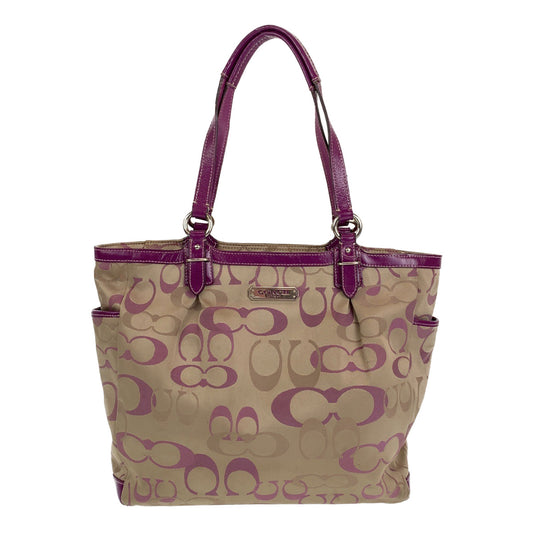 COACH コーチ シグネチャー ベージュ パープル 紫 シルバー金具 レザー トートバッグ ショルダーバッグ  レディース