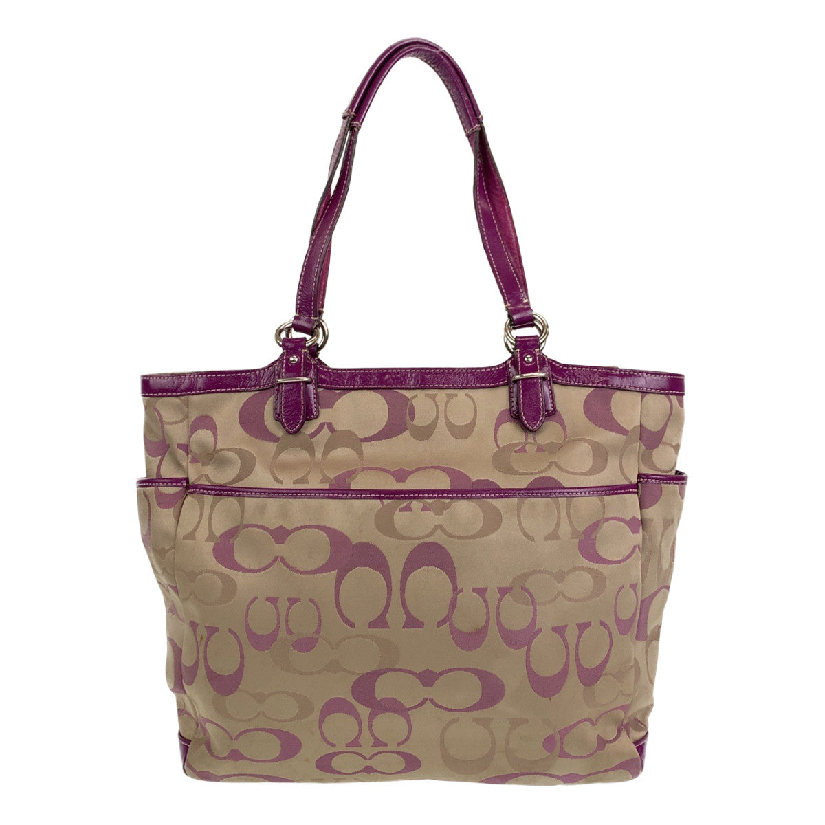 COACH コーチ シグネチャー ベージュ パープル 紫 シルバー金具 レザー トートバッグ ショルダーバッグ  レディース