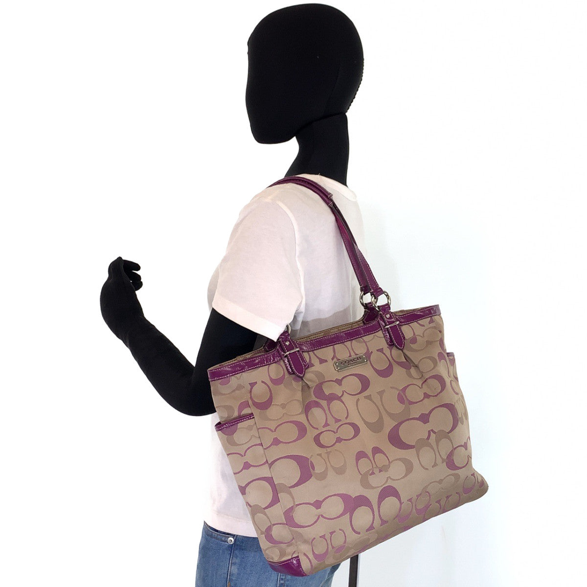 COACH コーチ シグネチャー ベージュ パープル 紫 シルバー金具 レザー トートバッグ ショルダーバッグ  レディース