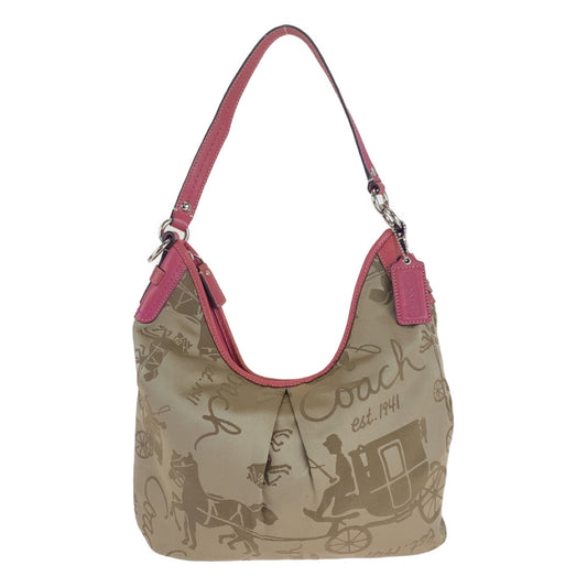 12700
COACH コーチ 馬車柄 ベージュ ピンク シルバー金具 キャンバス ホーボー ショルダーバッグ  レディース
