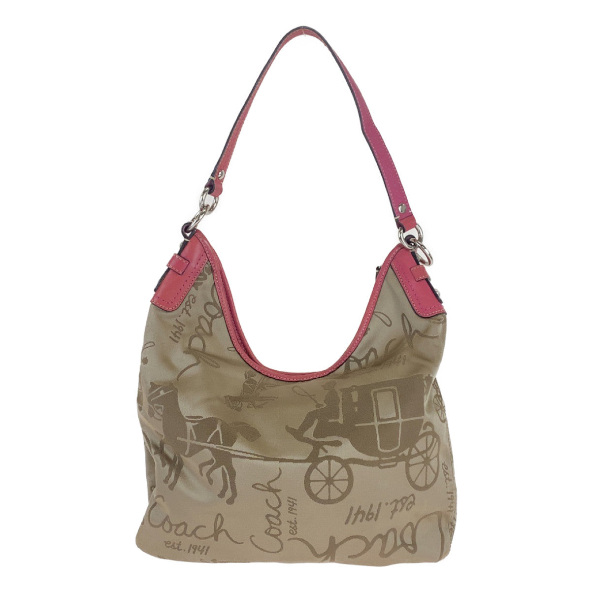12700
COACH コーチ 馬車柄 ベージュ ピンク シルバー金具 キャンバス ホーボー ショルダーバッグ  レディース