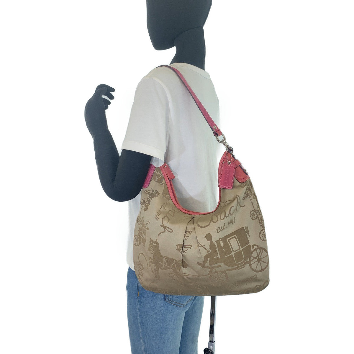 12700
COACH コーチ 馬車柄 ベージュ ピンク シルバー金具 キャンバス ホーボー ショルダーバッグ  レディース