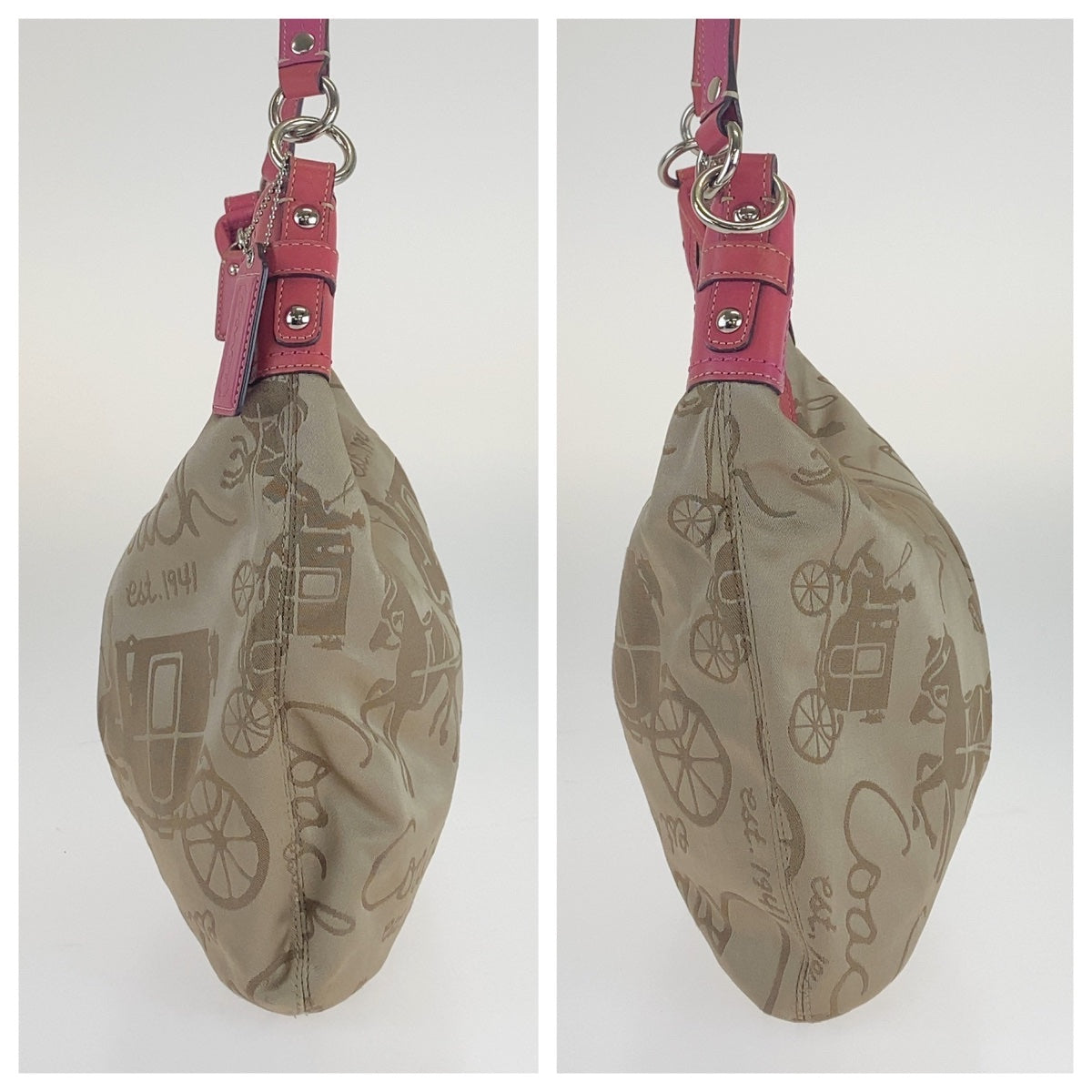 12700
COACH コーチ 馬車柄 ベージュ ピンク シルバー金具 キャンバス ホーボー ショルダーバッグ  レディース
