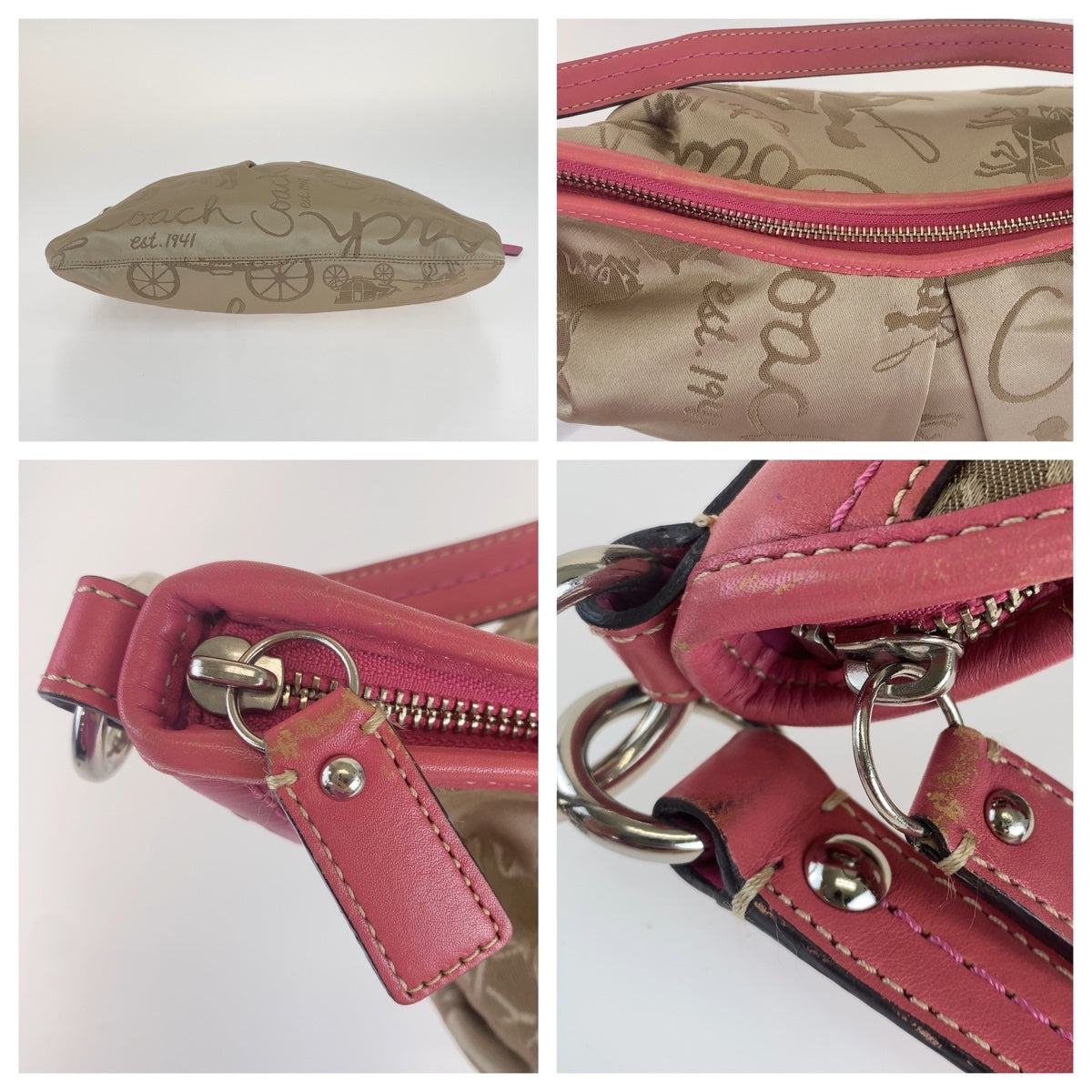 12700
COACH コーチ 馬車柄 ベージュ ピンク シルバー金具 キャンバス ホーボー ショルダーバッグ  レディース