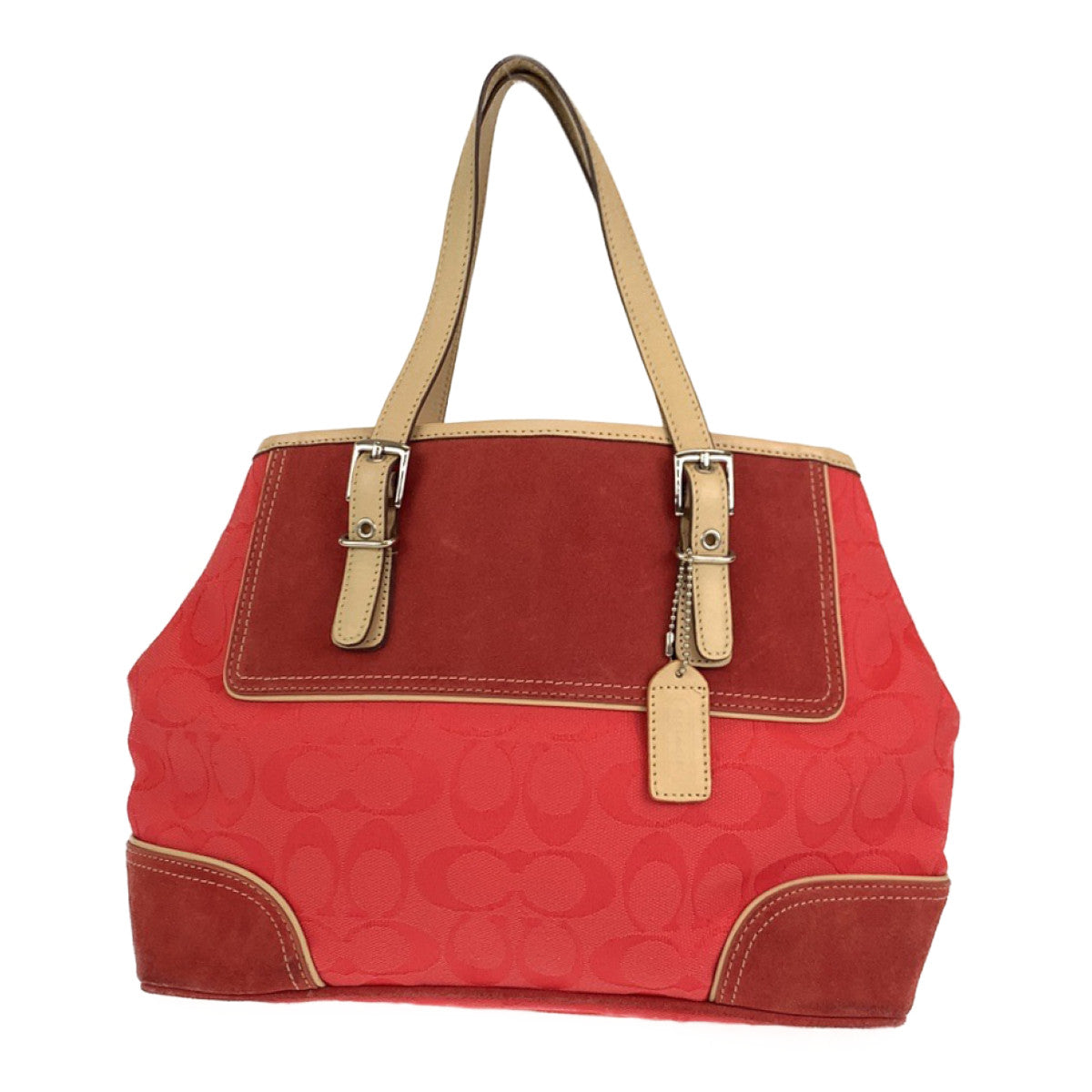 COACH コーチ シグネチャー レッド 赤 ベージュ シルバー金具 キャンバス ハンドバッグ トートバッグ  レディース