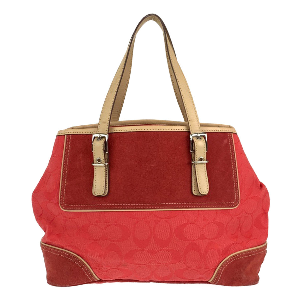 COACH コーチ シグネチャー レッド 赤 ベージュ シルバー金具 キャンバス ハンドバッグ トートバッグ  レディース