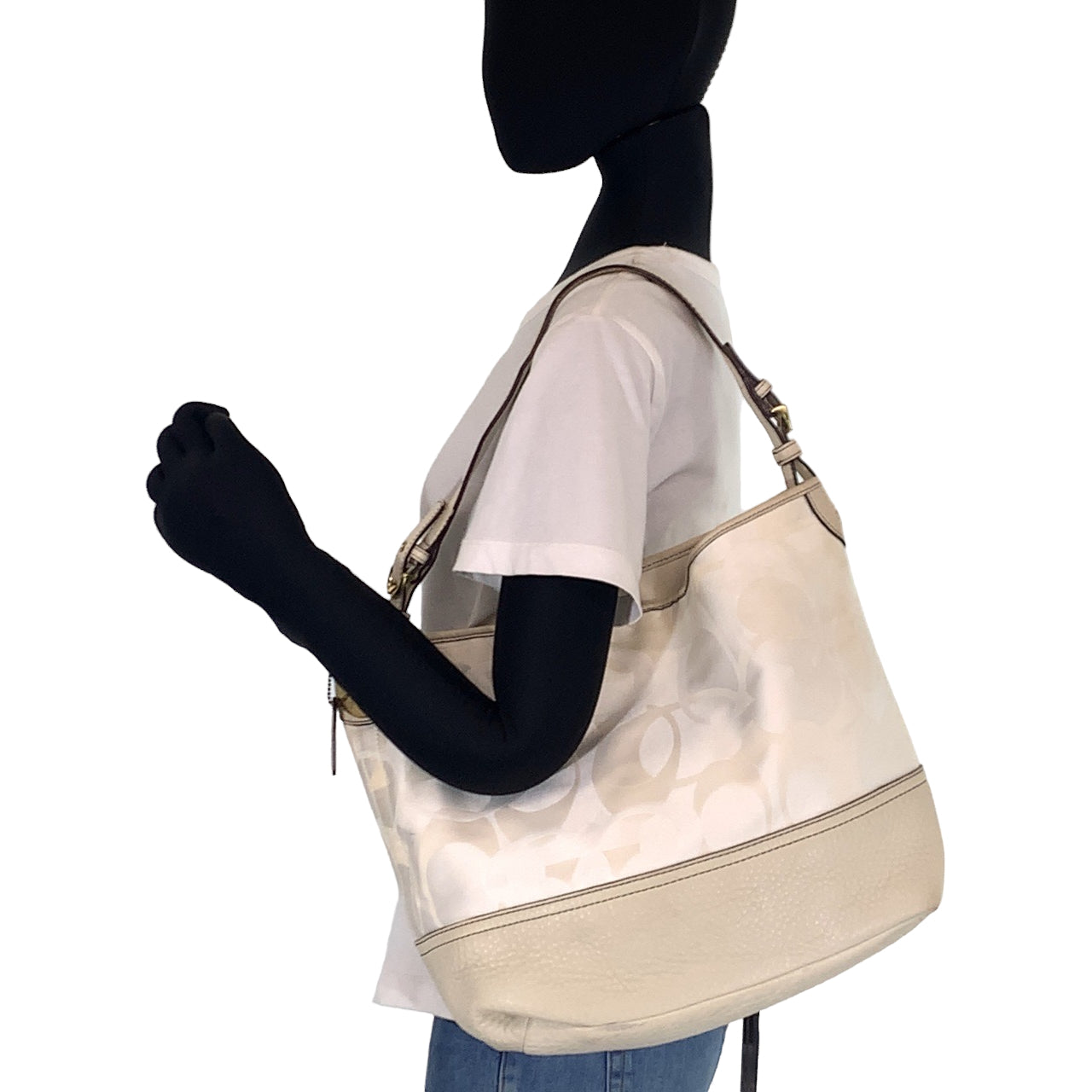 COACH コーチ シグネチャー ホワイト 白 ゴールド金具 レザー / キャンバス トートバッグ 肩掛け  レディース