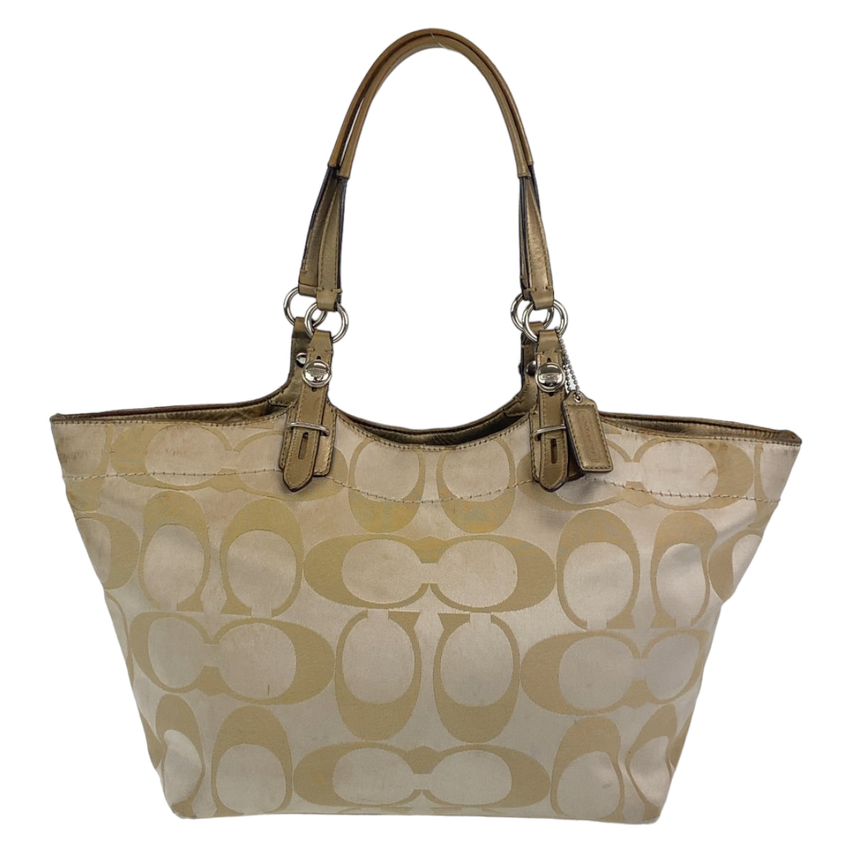 12697
COACH コーチ シグネチャー ベージュ アイボリー シルバー金具 キャンバス / レザー トートバッグ ショルダーバッグ  レディース AB5