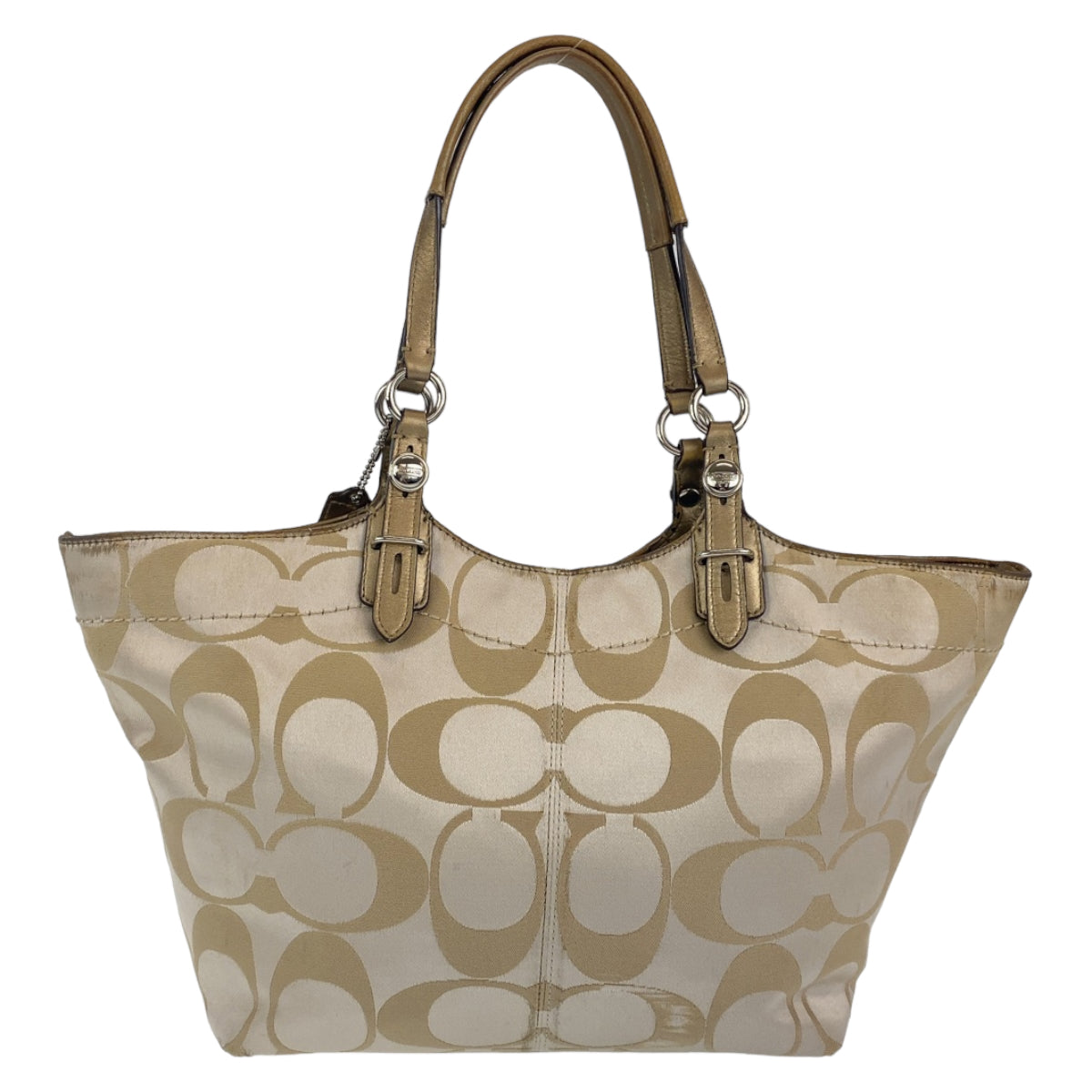 12697
COACH コーチ シグネチャー ベージュ アイボリー シルバー金具 キャンバス / レザー トートバッグ ショルダーバッグ  レディース AB5