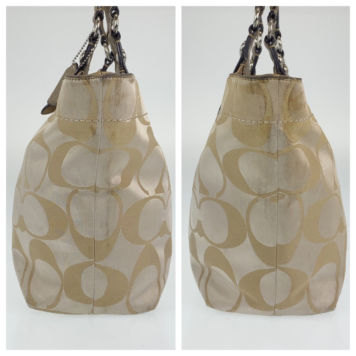 12697
COACH コーチ シグネチャー ベージュ アイボリー シルバー金具 キャンバス / レザー トートバッグ ショルダーバッグ  レディース AB5