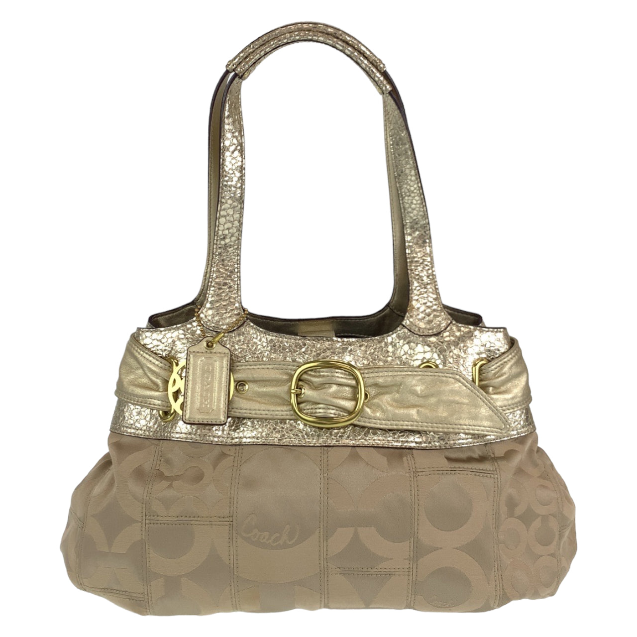 12694
COACH コーチ オプアート ベージュ ゴールド金具 レザー / キャンバス トートバッグ ショルダーバッグ  レディース