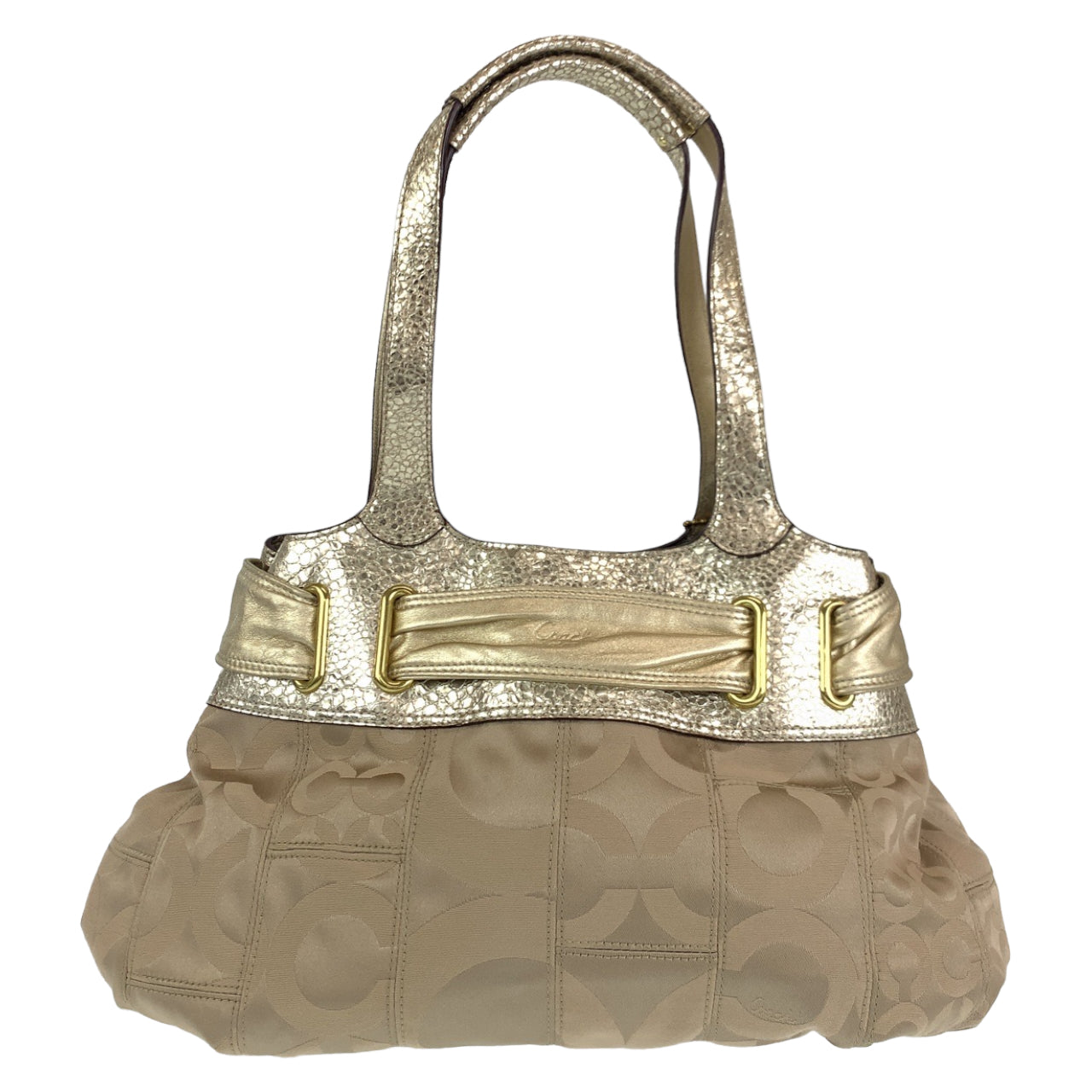 12694
COACH コーチ オプアート ベージュ ゴールド金具 レザー / キャンバス トートバッグ ショルダーバッグ  レディース