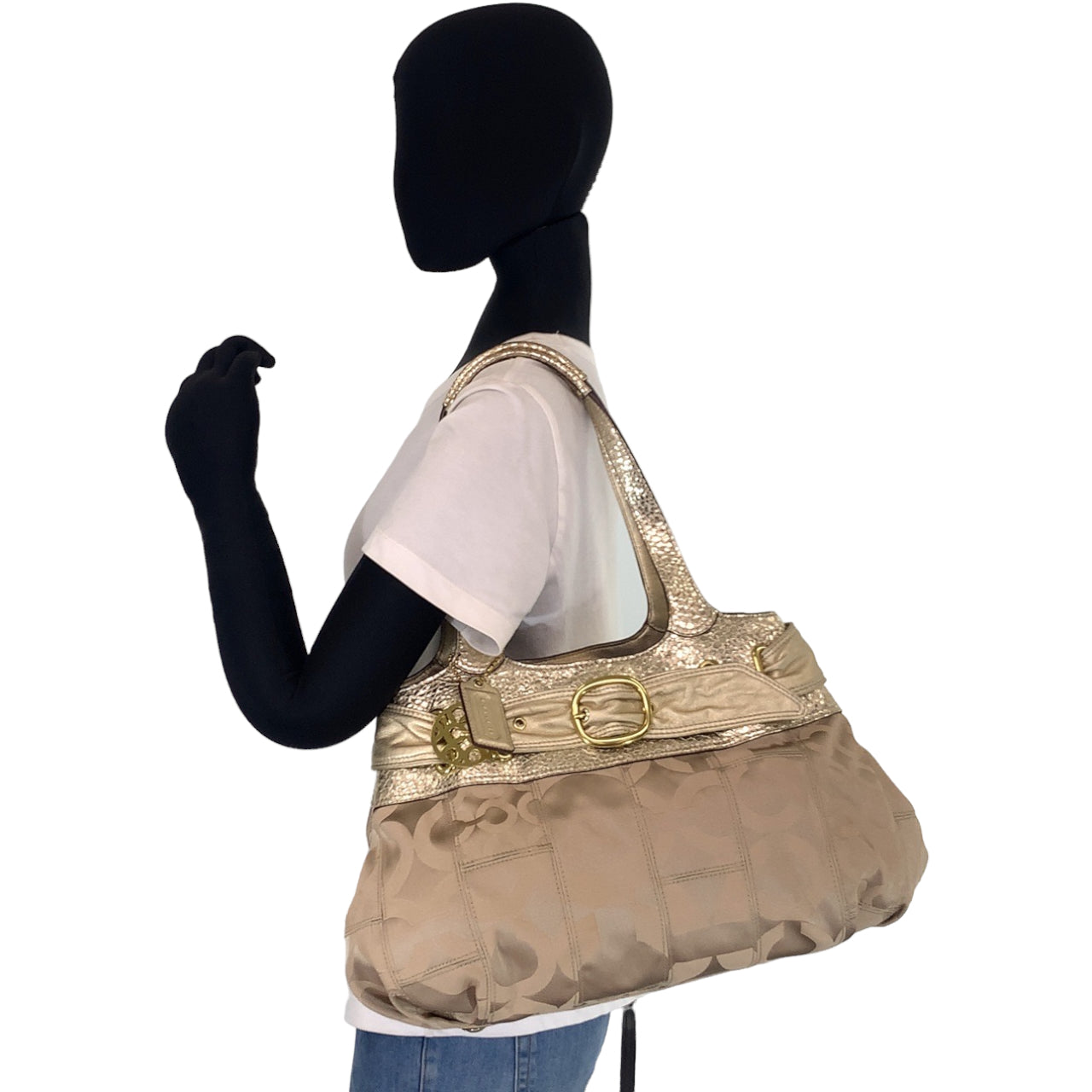 12694
COACH コーチ オプアート ベージュ ゴールド金具 レザー / キャンバス トートバッグ ショルダーバッグ  レディース