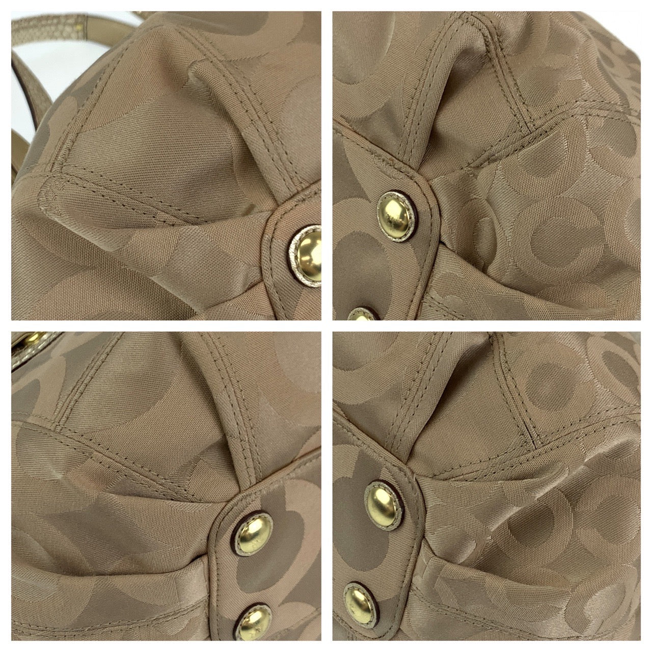 12694
COACH コーチ オプアート ベージュ ゴールド金具 レザー / キャンバス トートバッグ ショルダーバッグ  レディース