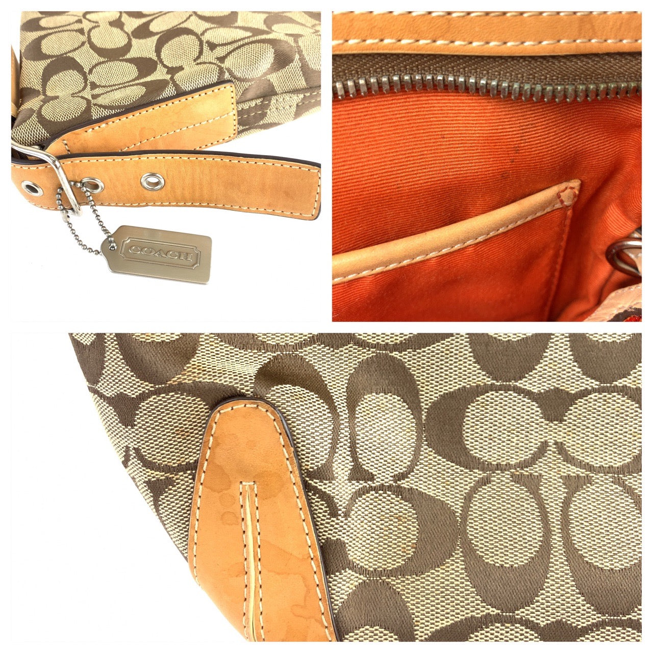 12692
COACH コーチ シグネチャー ベージュ ブラウン シルバー金具 キャンバス / レザー ホーボー ショルダーバッグ レディース AB5