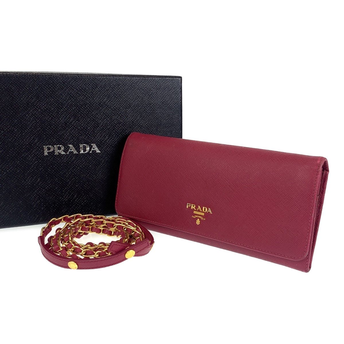 B-133
PRADA プラダ サフィアーノ ピンク ゴールド金具 レザー 1MT290 二つ折り長財布 チェーンウォレット   レディース