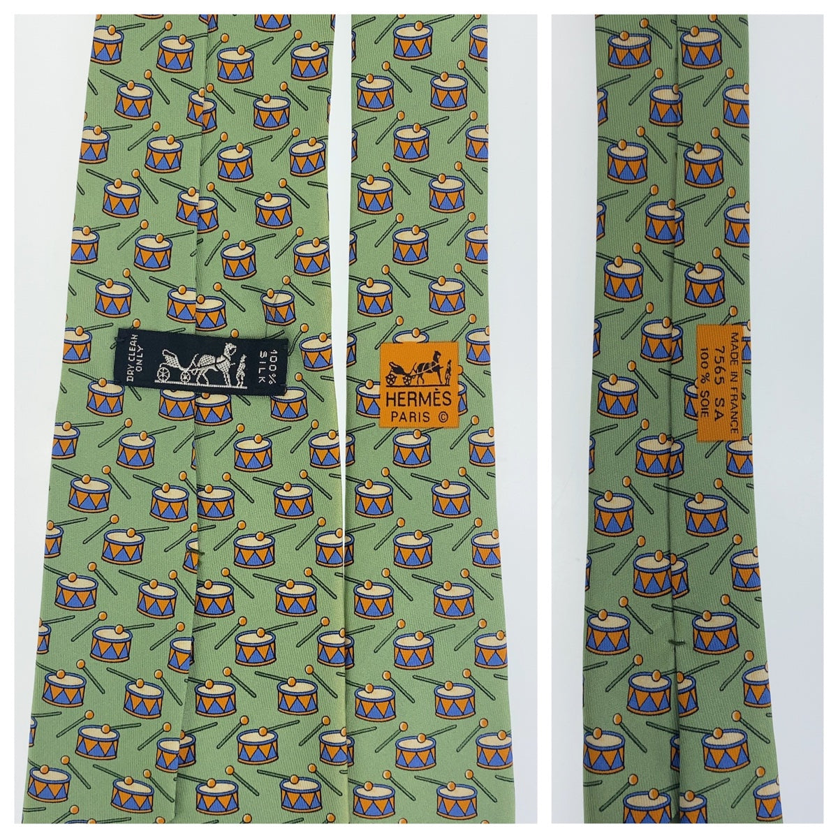 12691
HERMES エルメス 太鼓柄 グリーン 緑 シルク 剣先9㎝ ネクタイ  メンズ