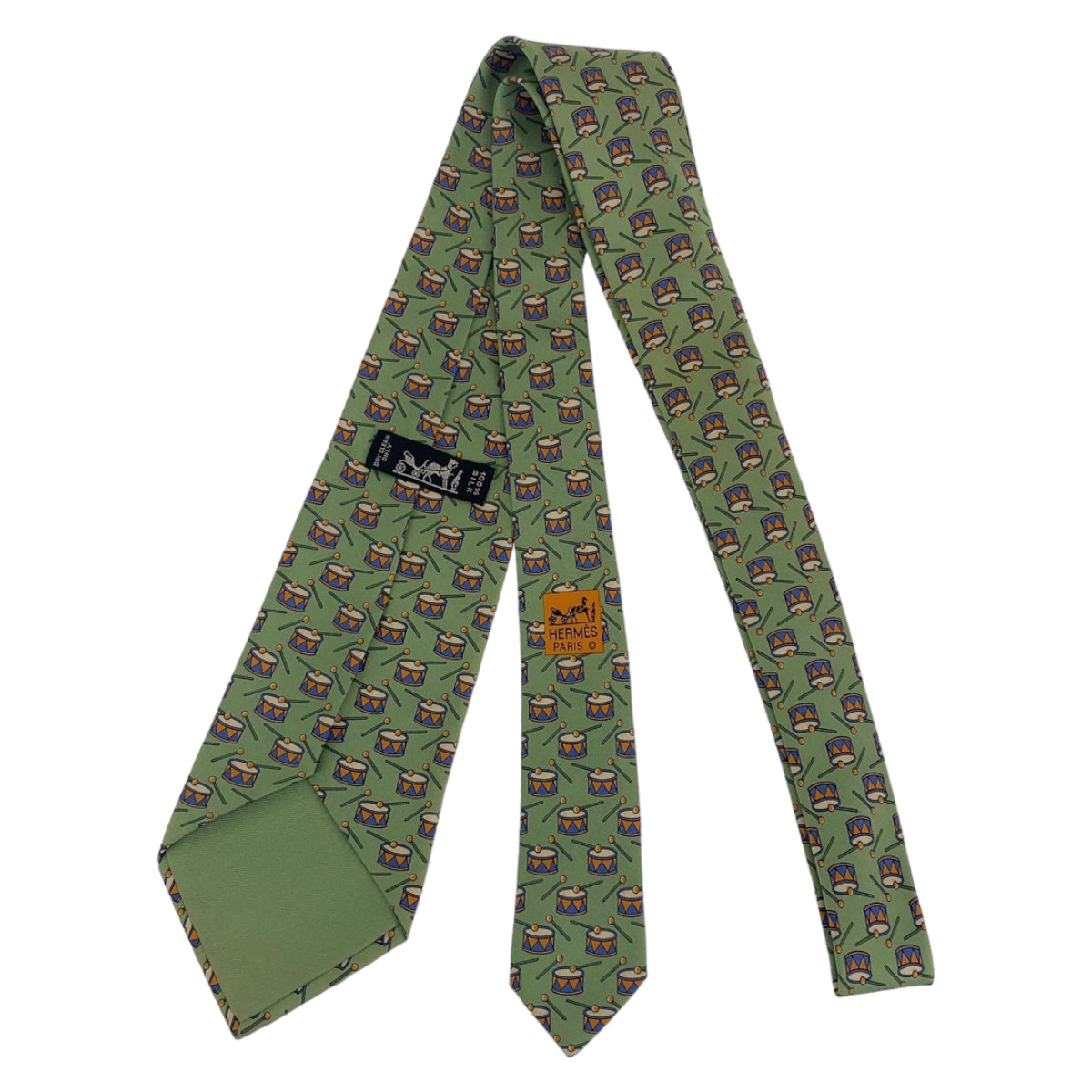 12691
HERMES エルメス 太鼓柄 グリーン 緑 シルク 剣先9㎝ ネクタイ  メンズ