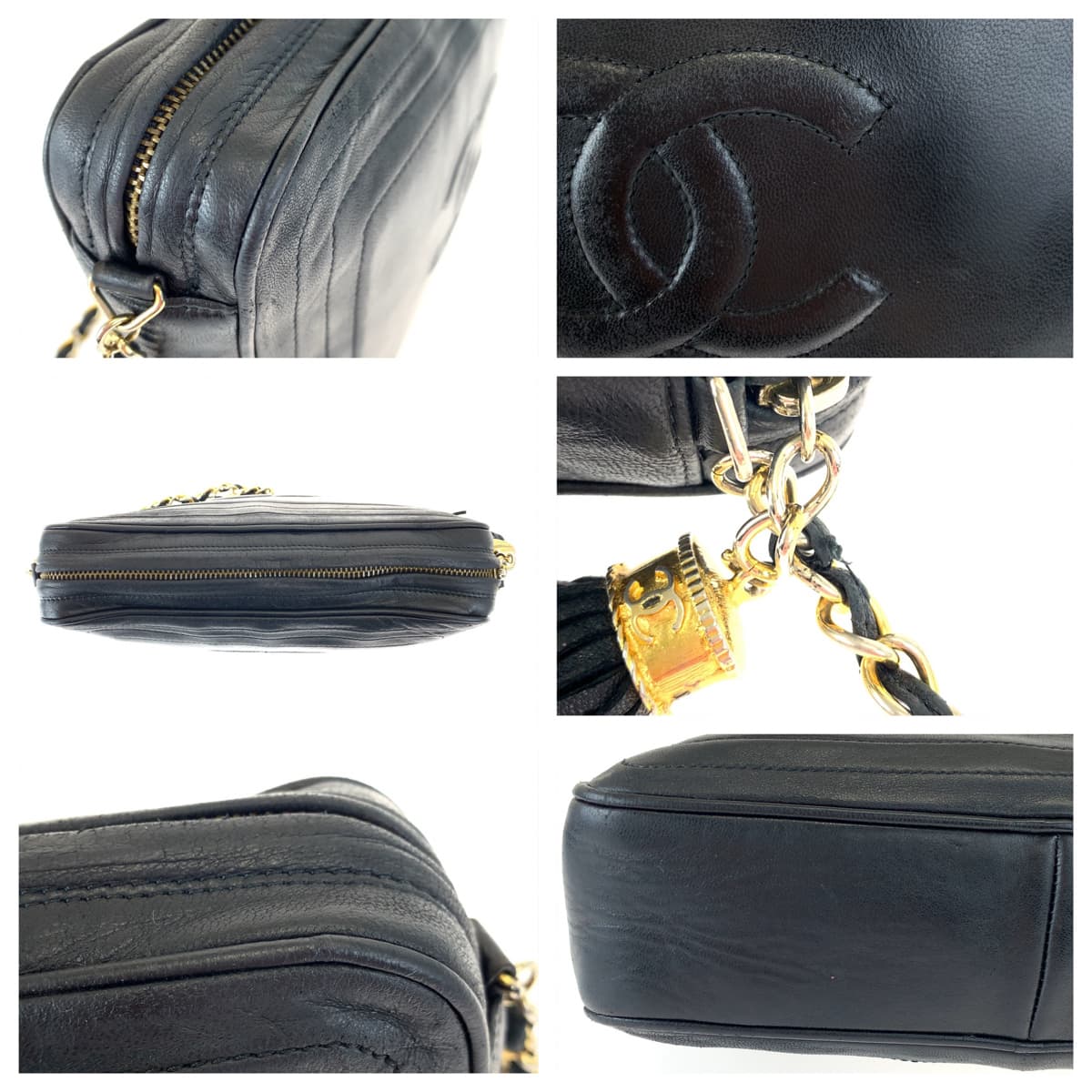 10064
CHANEL シャネル ココマーク フリンジ ブラック 黒 ゴールド金具 ラムスキン チェーンショルダバッグ 斜め掛け  レディース