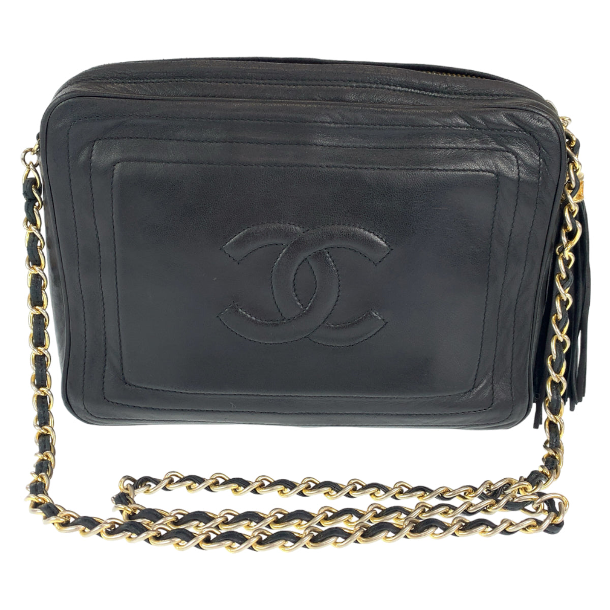 10064
CHANEL シャネル ココマーク フリンジ ブラック 黒 ゴールド金具 ラムスキン チェーンショルダバッグ 斜め掛け  レディース