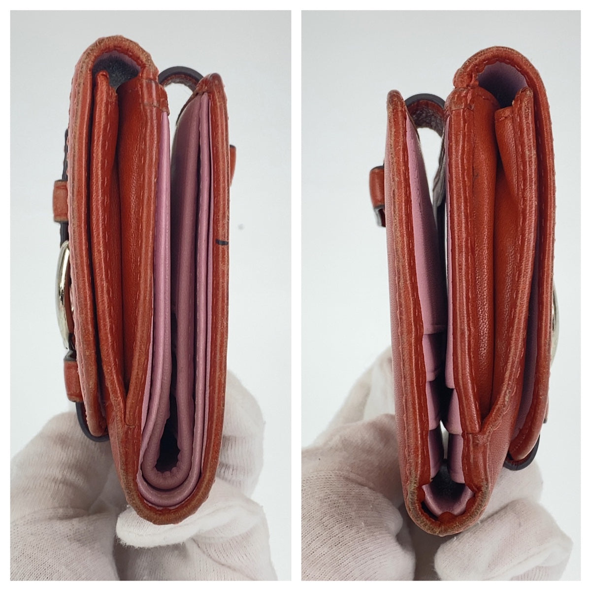 COACH コーチ オレンジ 赤茶 ピンク  レザー 二つ折り財布 コンパクトウォレット  レディース