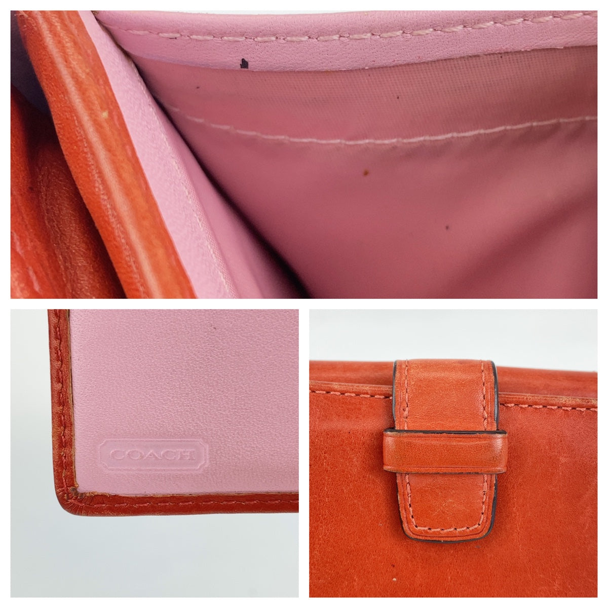 COACH コーチ オレンジ 赤茶 ピンク  レザー 二つ折り財布 コンパクトウォレット  レディース
