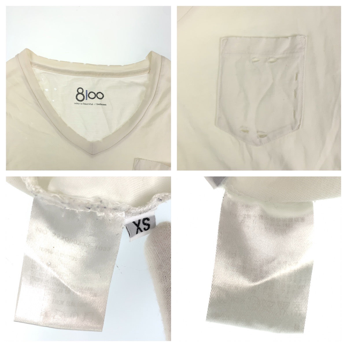 02685
Ron Herman ロンハーマン 8100 穴あき加工 サイズXS ホワイト コットン 半袖Tシャツ Vネック メンズ ABP3