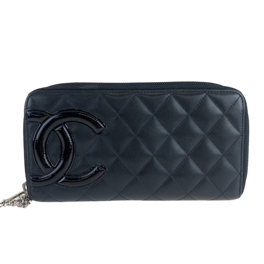 10083
 CHANEL Cambon line Coco mark black silver hardware lambskin long wallet round zipper round zip ladies