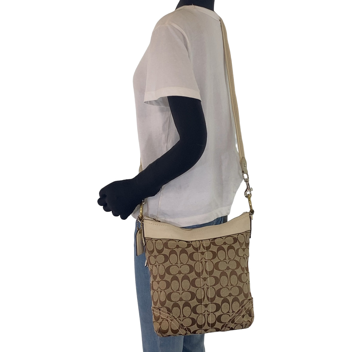 12682
COACH コーチ シグネチャー ベージュ ブラウン ゴールド金具 キャンバス / レザー ショルダーバッグ ポシェット 斜め掛け可能  レディース AB5