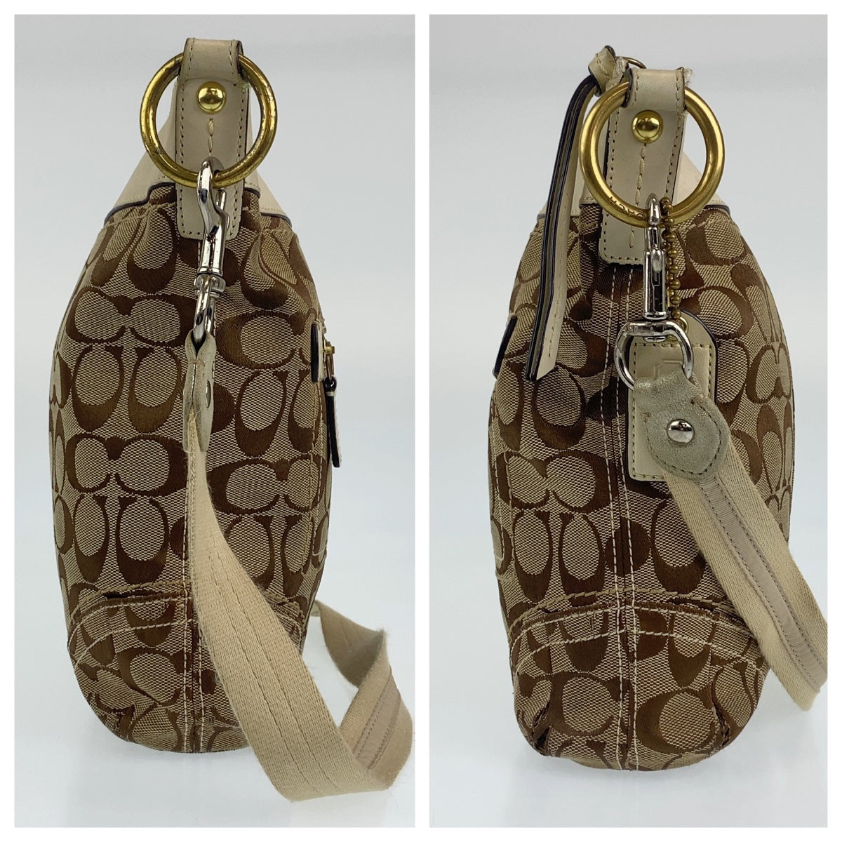 12682
COACH コーチ シグネチャー ベージュ ブラウン ゴールド金具 キャンバス / レザー ショルダーバッグ ポシェット 斜め掛け可能  レディース AB5