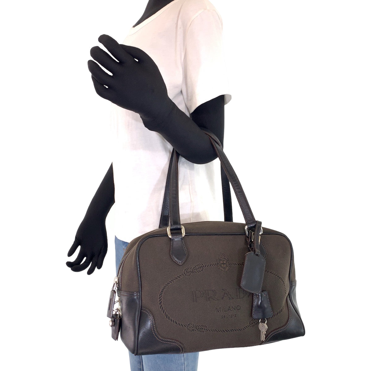 B-117
PRADA プラダ ロゴジャガード ブラウン 茶 キャンバス トートバッグ ハンドバッグ ショルダーバッグ  レディース