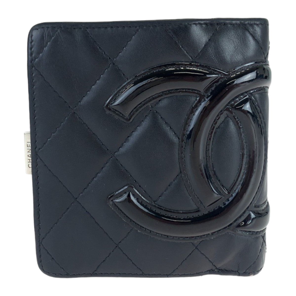 10125
 CHANEL Cambon Line Coco Mark Black Pink Lambskin Folding Wallet Compact Wallet Women's