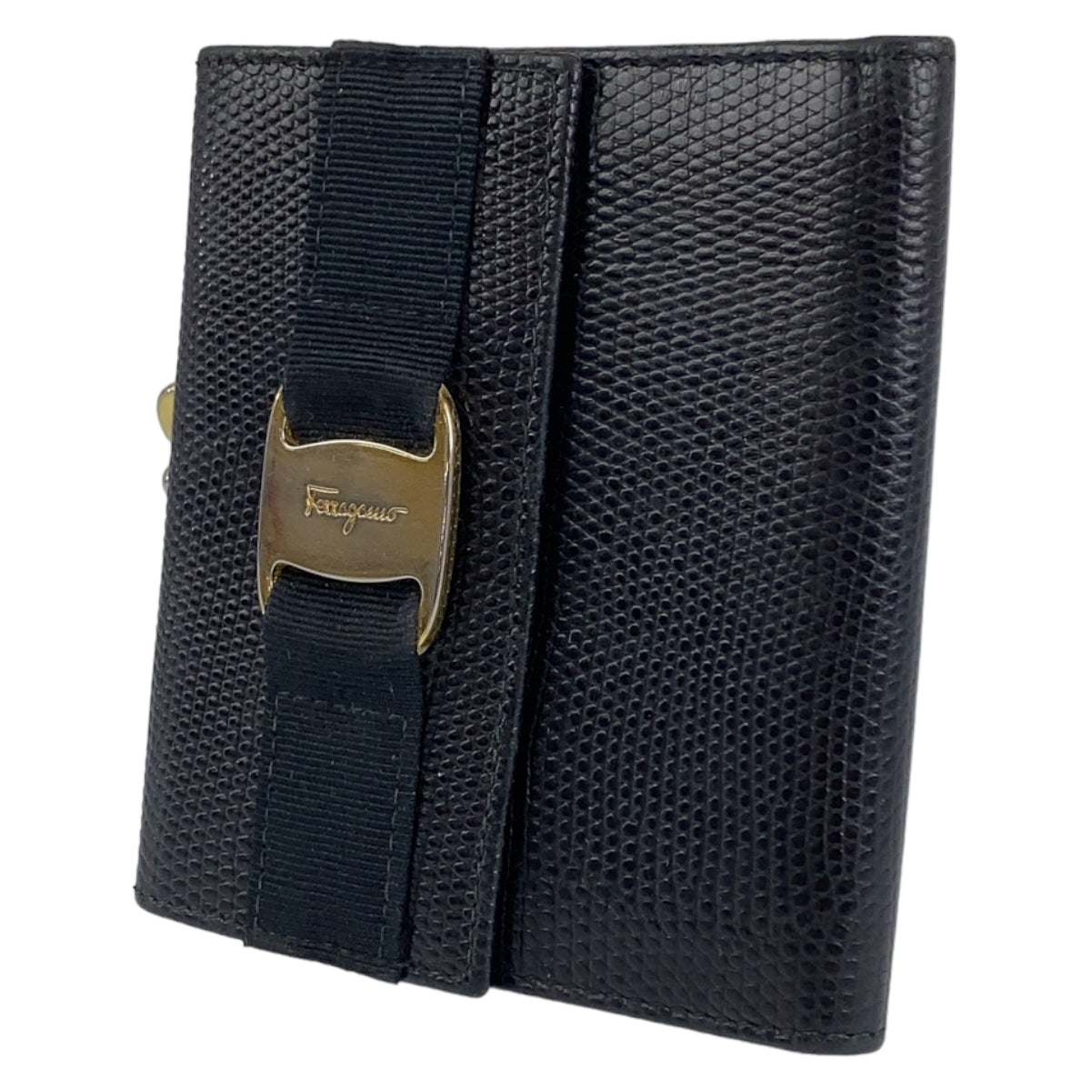 C-194
Salvatore Ferragamo サルヴァトーレフェラガモ ブラック 黒 ゴールド レザー コンパクトウォレット 三つ折り財布  レディース