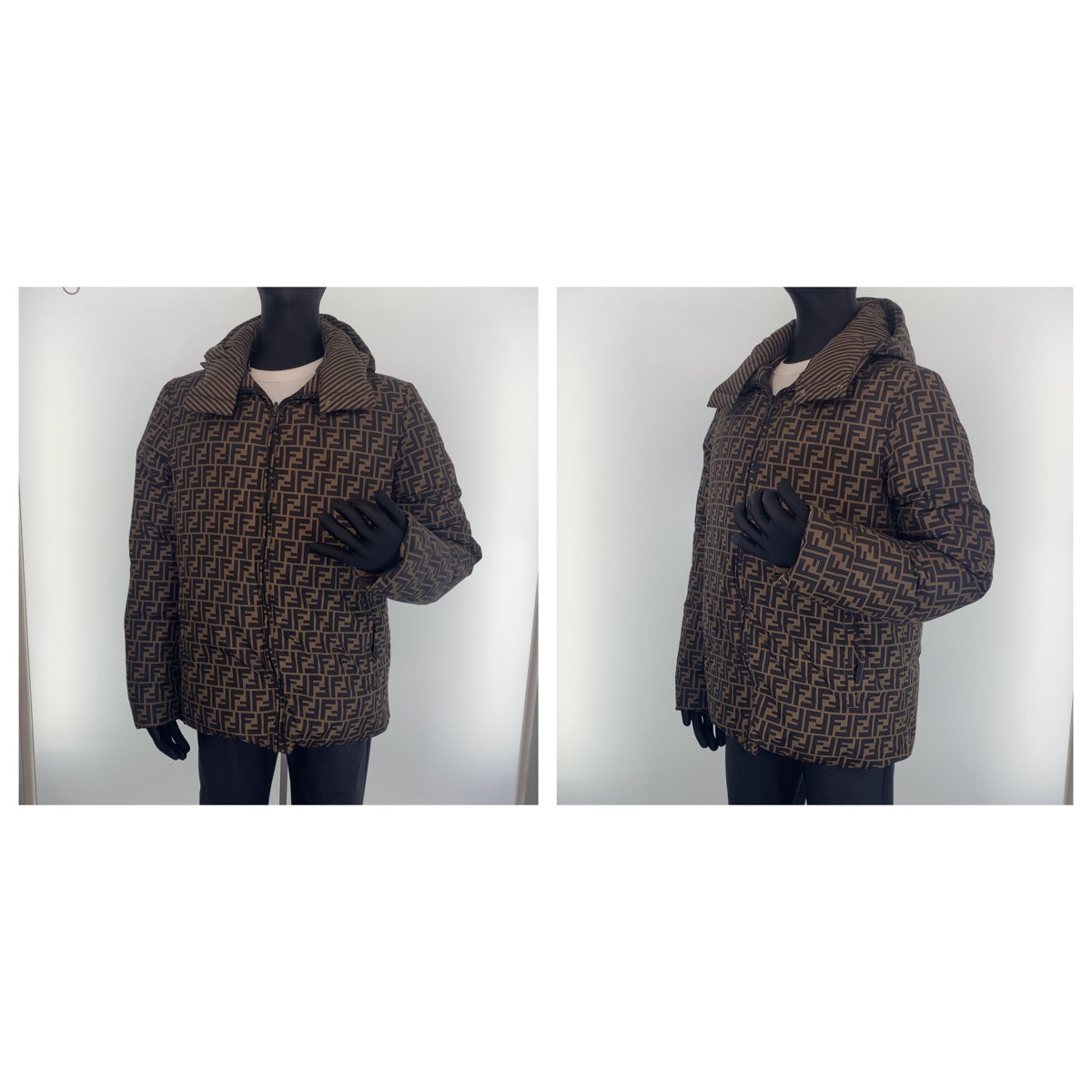 17953
FENDI フェンディ ズッカ柄 ペカン柄 サイズ50 リバーシブル カーキ ブラック 黒 ポリエステル FAA582 A790 ダウンジャケット パファージャケット  メンズ AB190