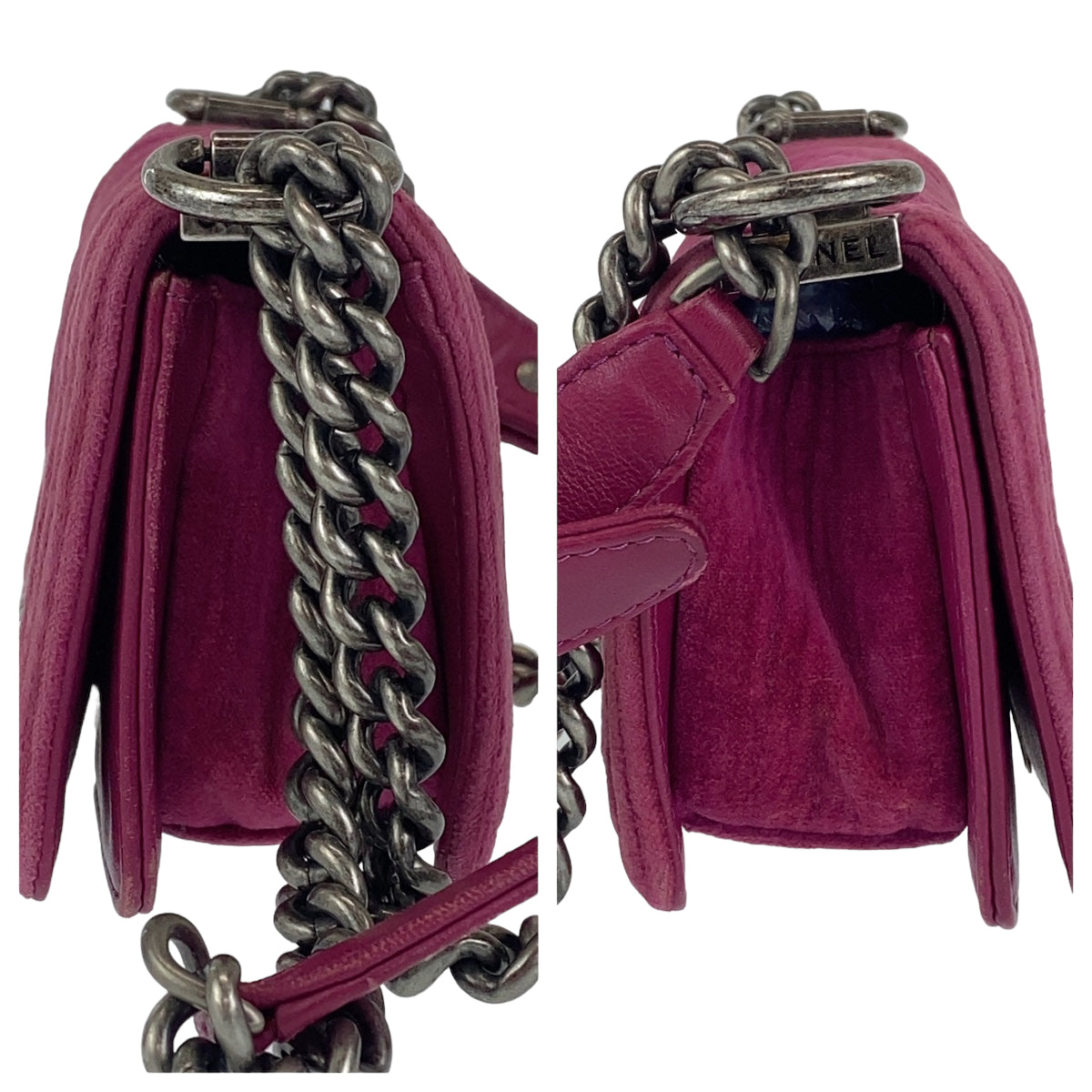 10142
CHANEL シャネル ミニボーイシャネル マトラッセ ピンク ガンメタ金具 ベロア / レザー チェーンショルダーバッグ ポシェット  レディース