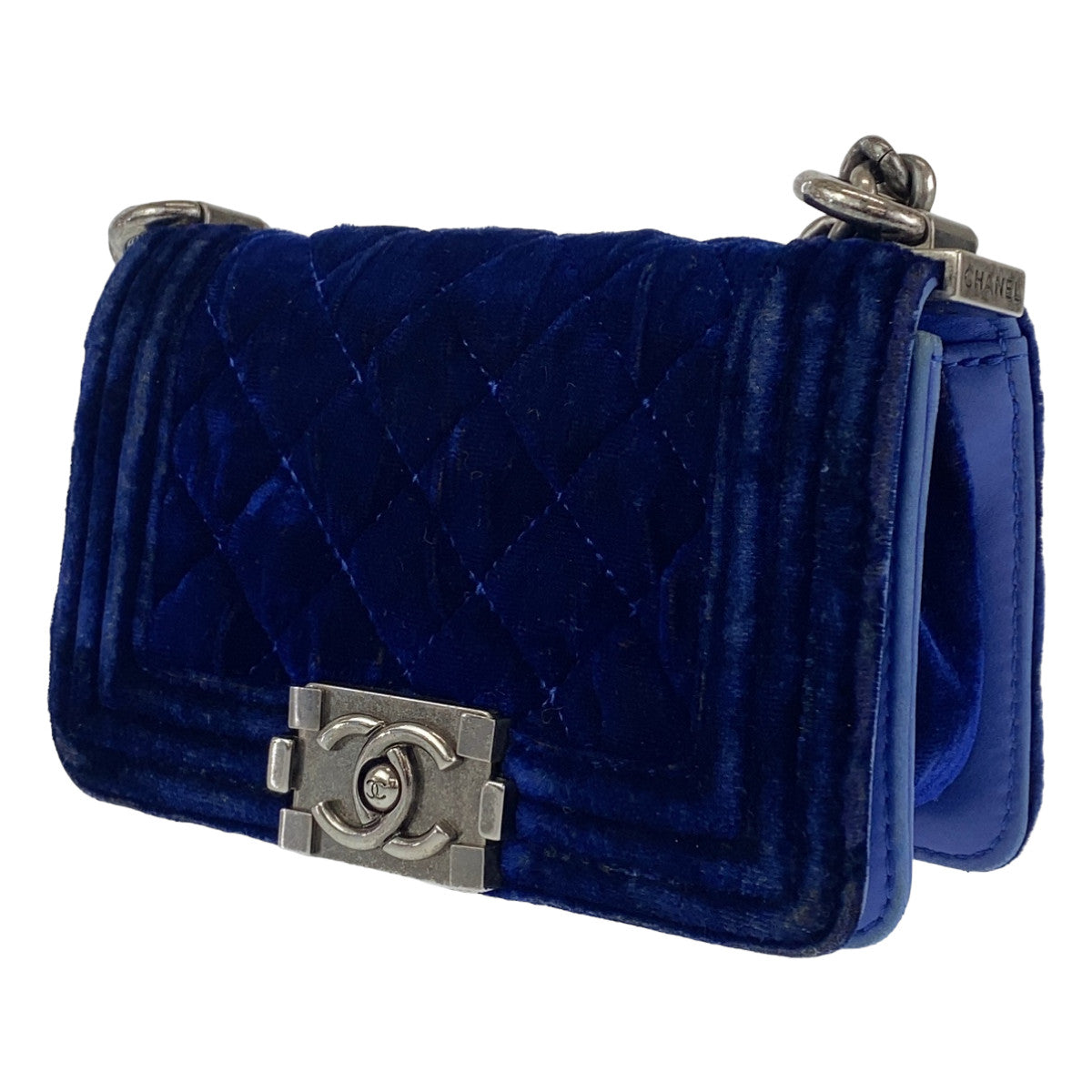 10143
 CHANEL Chanel Mini Boy Chanel Matelasse Blue Gunmetal Hardware Velour/Leather Shoulder Bag Handbag Pochette Women's