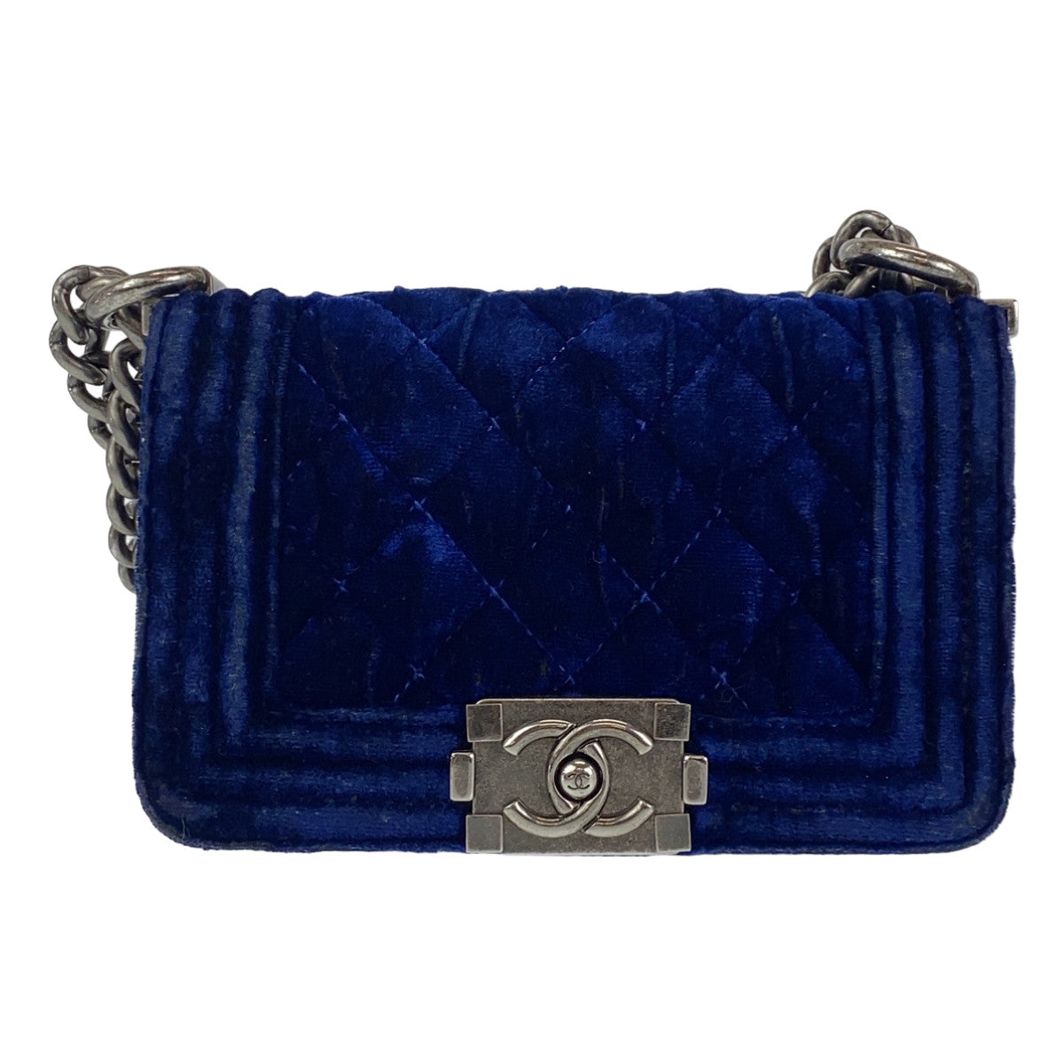 10143
 CHANEL Chanel Mini Boy Chanel Matelasse Blue Gunmetal Hardware Velour/Leather Shoulder Bag Handbag Pochette Women's