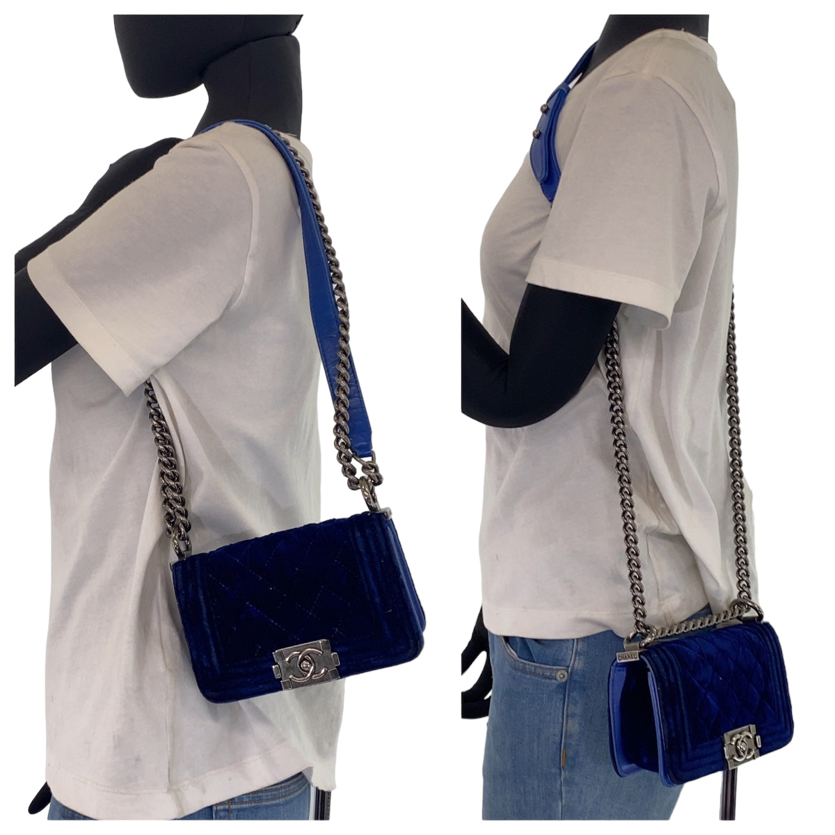 10143
 CHANEL Chanel Mini Boy Chanel Matelasse Blue Gunmetal Hardware Velour/Leather Shoulder Bag Handbag Pochette Women's