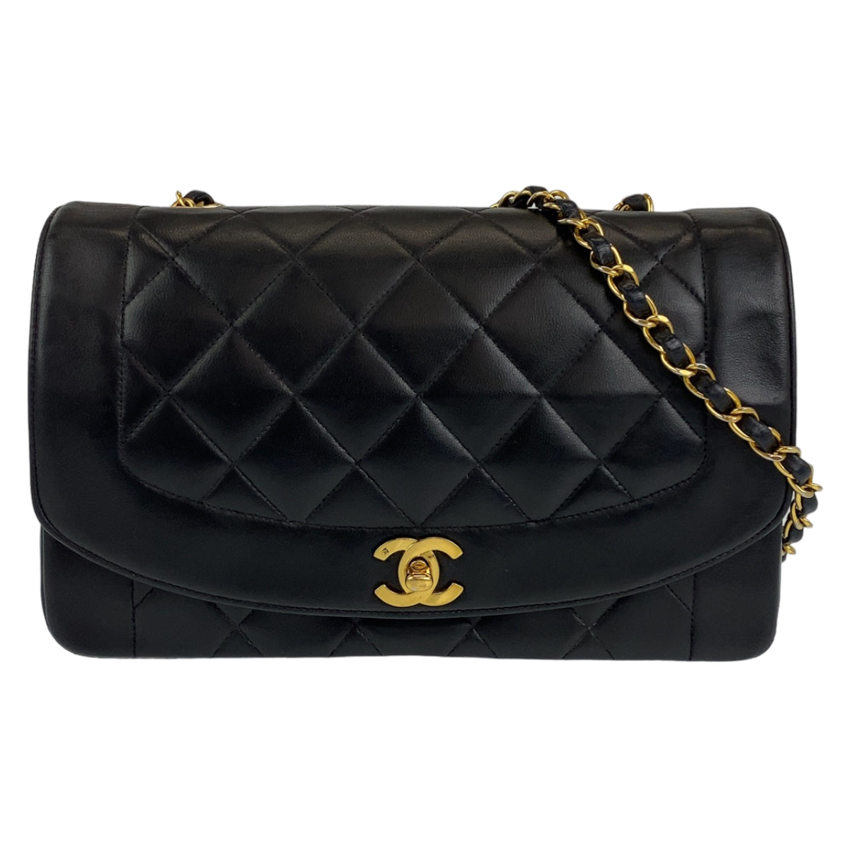 10146
CHANEL シャネル ヴィンテージ マトラッセ ダイアナ ブラック ゴールド金具 ラムスキン ショルダーバッグ ポシェット  レディース